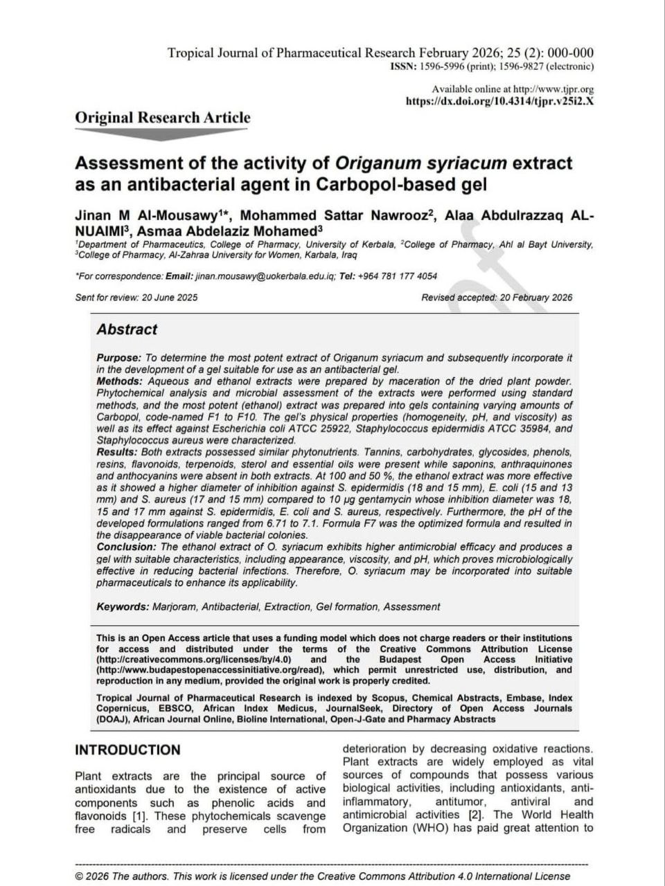 بحث علمي في جامعة الزهراء (ع) للبنات يستثمر المستخلصات النباتية في تطوير علاجات مضادة للبكتيريا